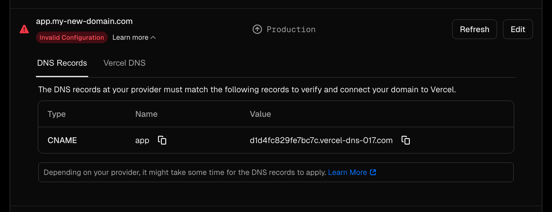 DNS configuration for a subdomain.