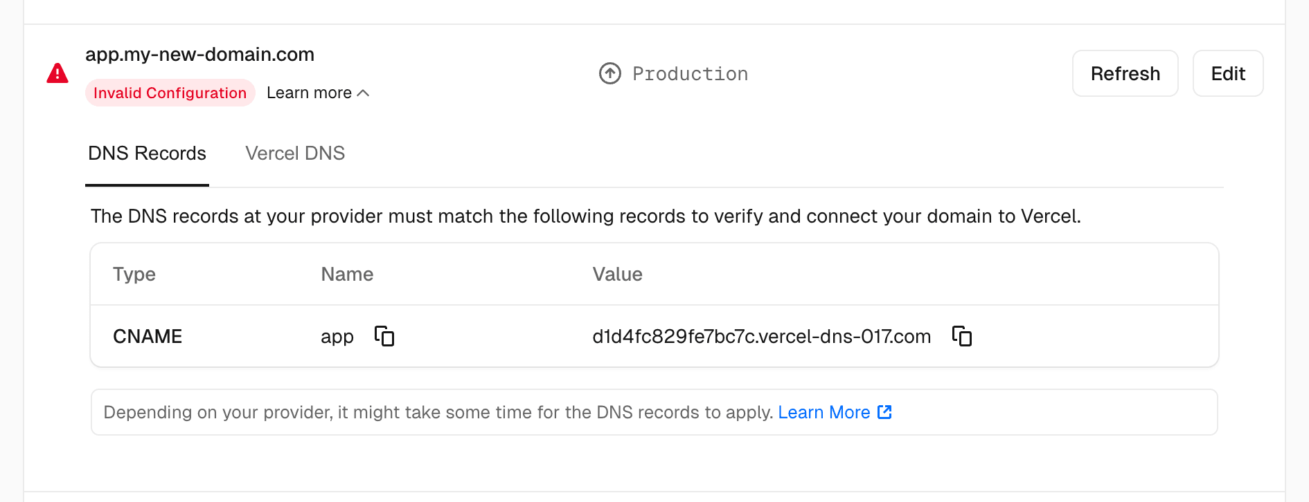 DNS configuration for a subdomain.