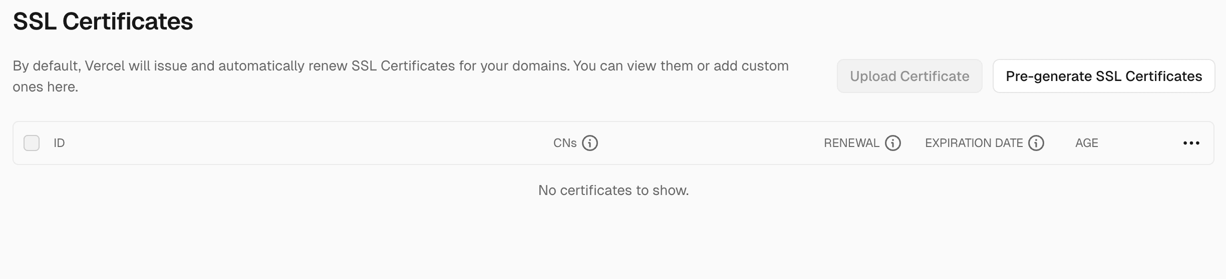Pre-Generate button found under the SSL Certificates section of the Domain configuration page