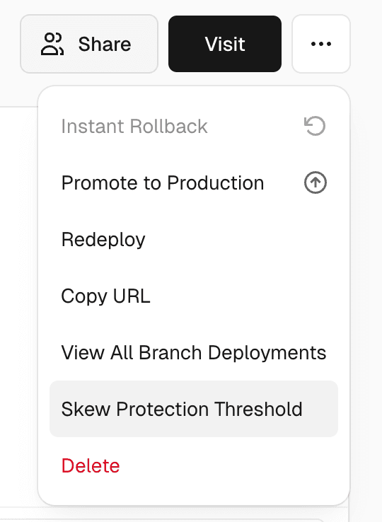 A screenshot of the popover menu containing a menu item for Skew Protection Threshold.